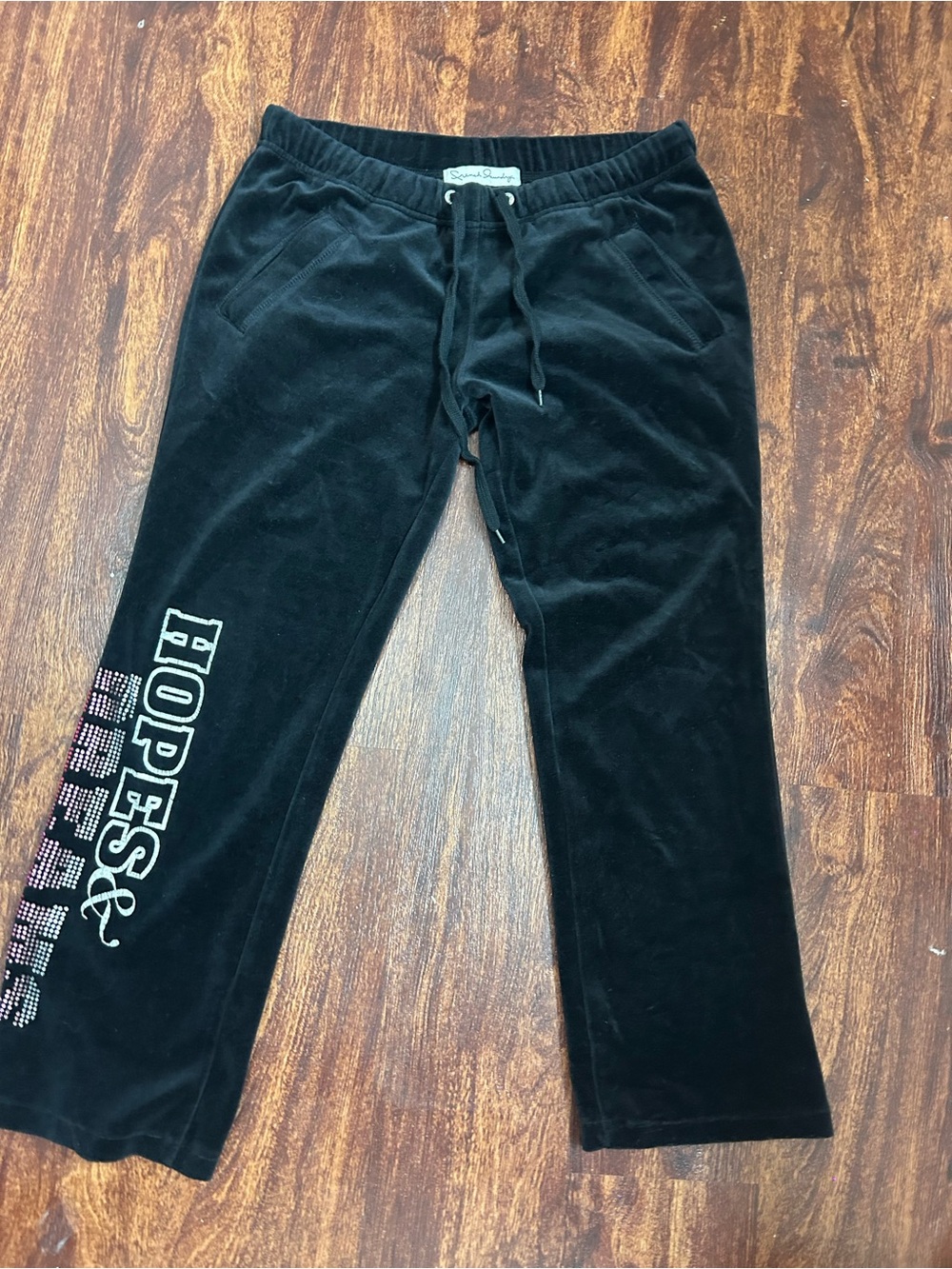 French Laundry Black Velour Joggers with Pink Rhinestone 'HOPES' Accent